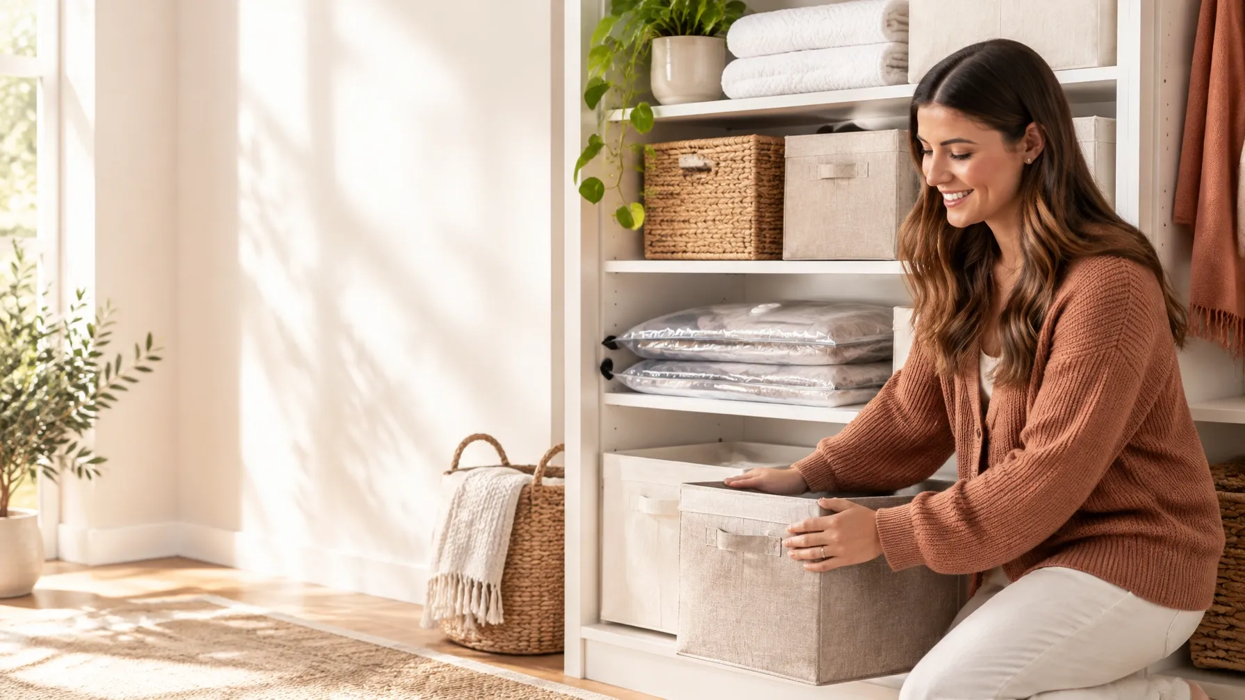 A woman arranging fabric storage cubes in a bright, organised linen cupboard