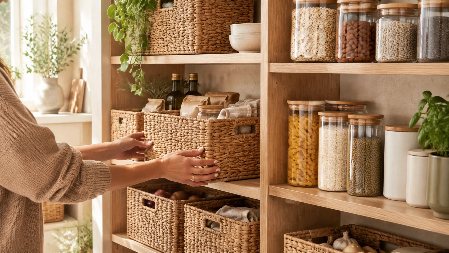 A softly lit, organised kitchen pantry with natural baskets and storage jars